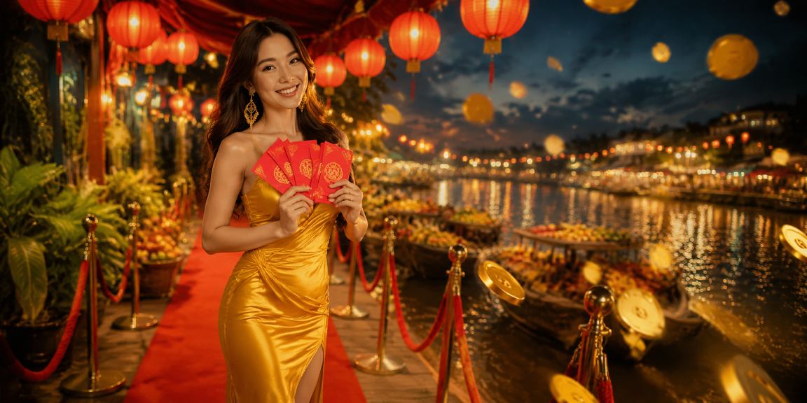 Chợ đêm vùng Mekong với phong bì đỏ may mắn và ánh đèn lồng rực rỡ