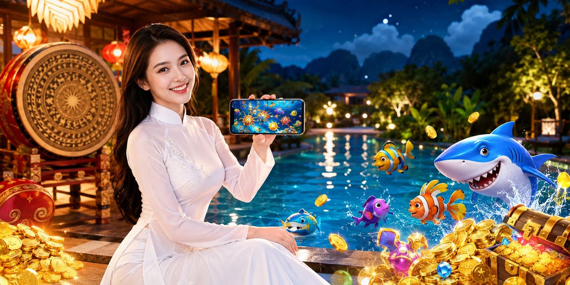 Cảnh sắc Ninh Bình với người mặc áo dài chơi bắn cá trên điện thoại